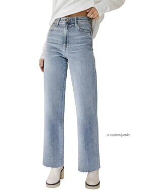 High Waisted Straight Leg Cropped Jeans Frayed Raw Hem Stretchy